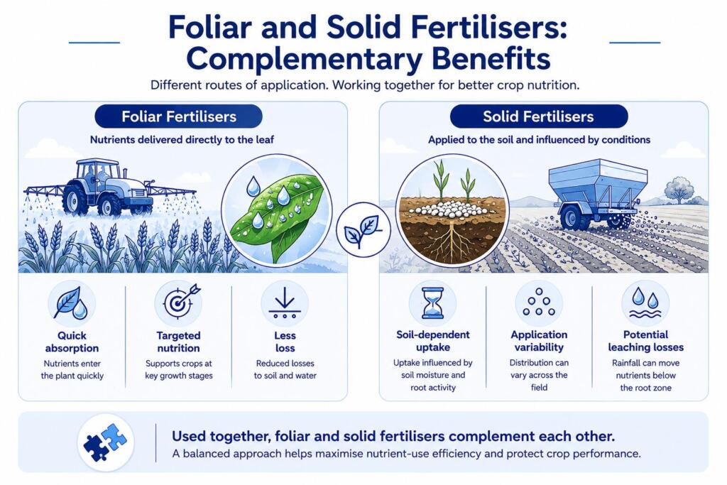 Infographic explaining how foliar fertilisers and solid fertilisers can complement each other in crop nutrition programmes