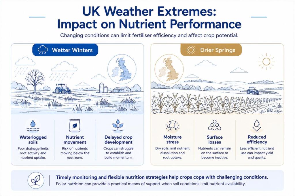 Infographic showing how wetter winters and drier springs in the UK can affect nutrient performance and crop uptake.